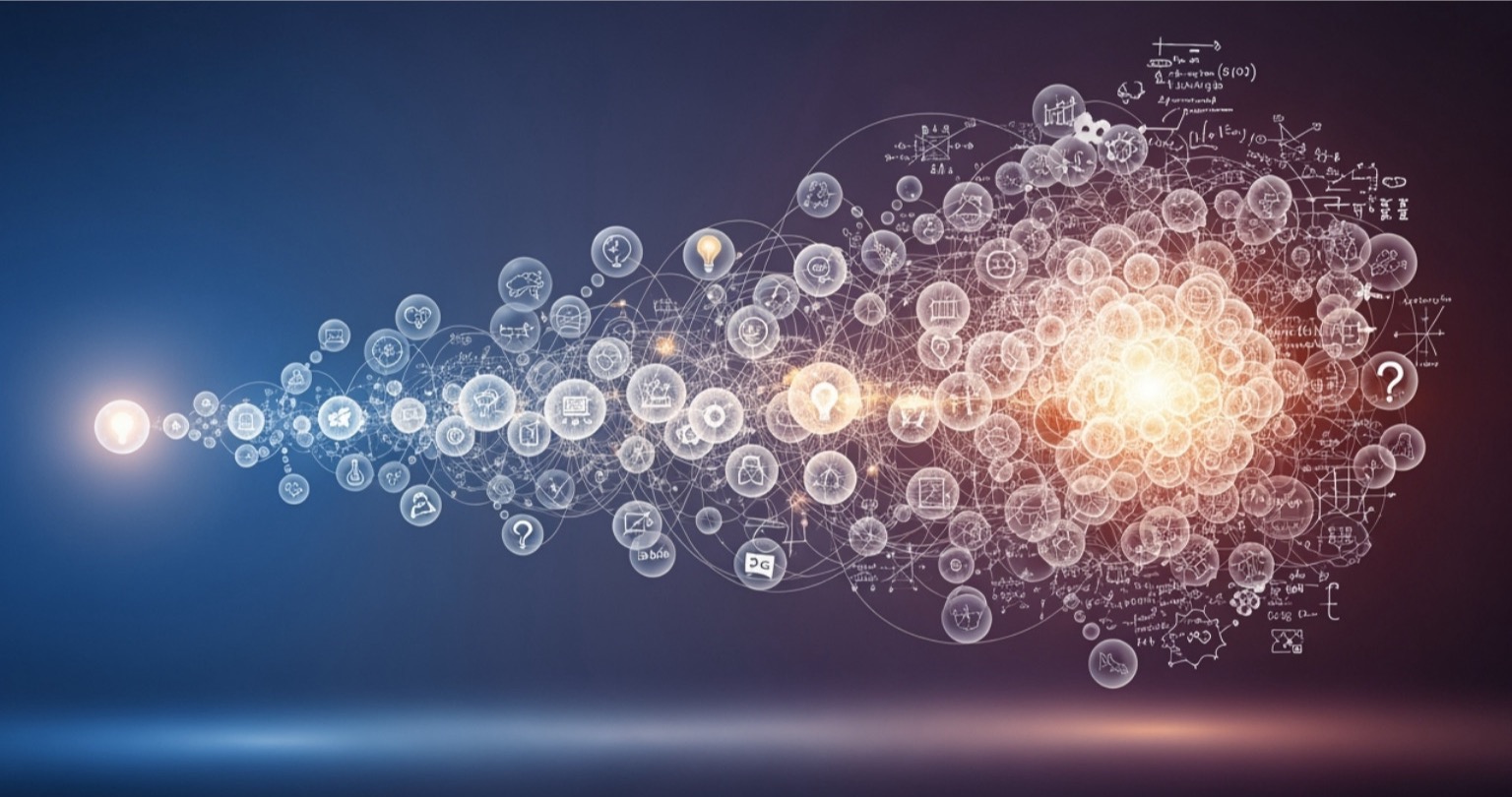 chain of interconnected thought bubbles, showing a simple idea evolving into a complex one - ai prompts for marketing