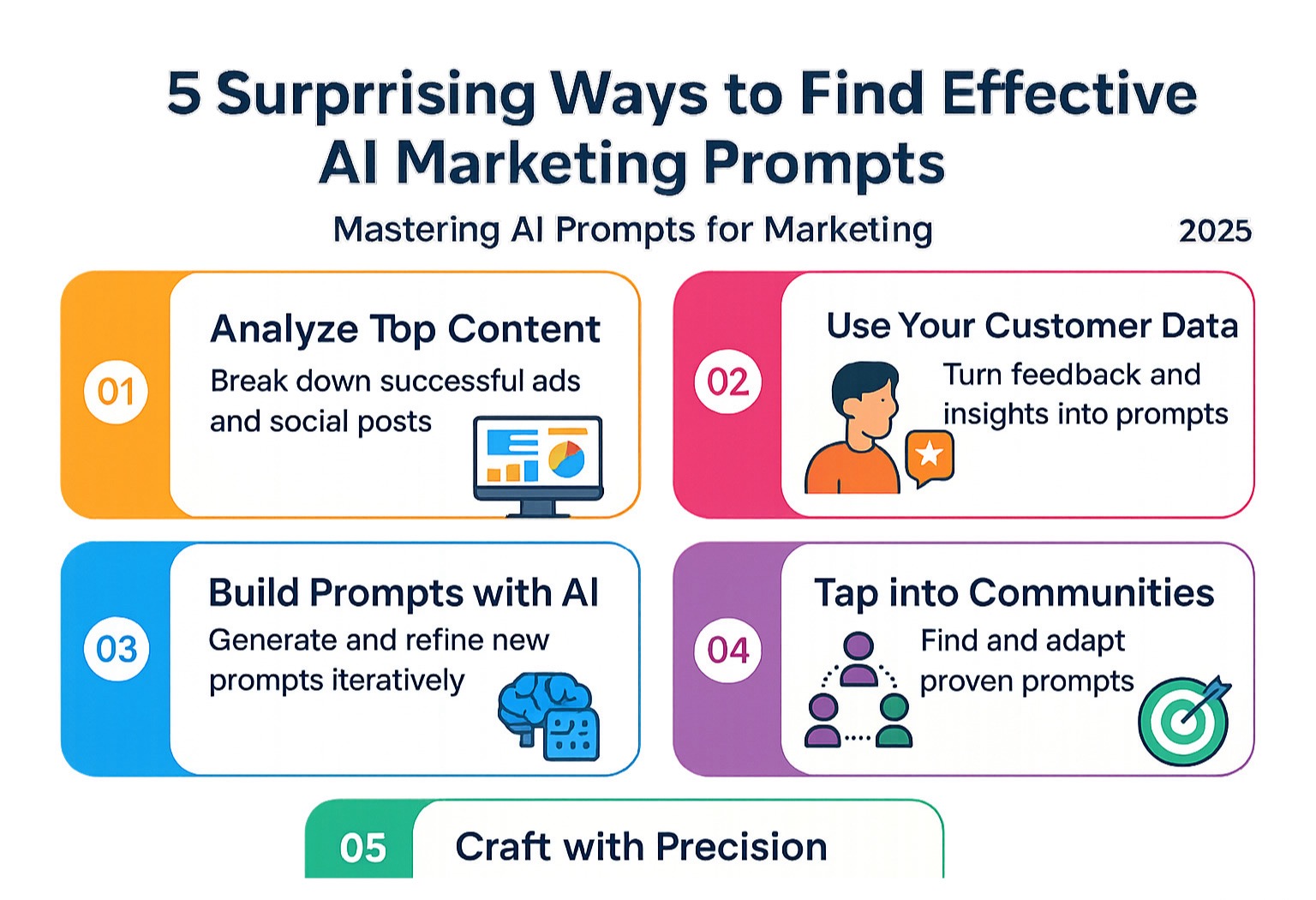 Infographic detailing 5 surprising ways to find effective AI marketing prompts, including analyzing high-performing content, mining customer data, using AI for prompt chaining, leveraging collaborative prompt libraries, and applying best practices in prompt crafting for precision. - ai prompts for marketing infographic 