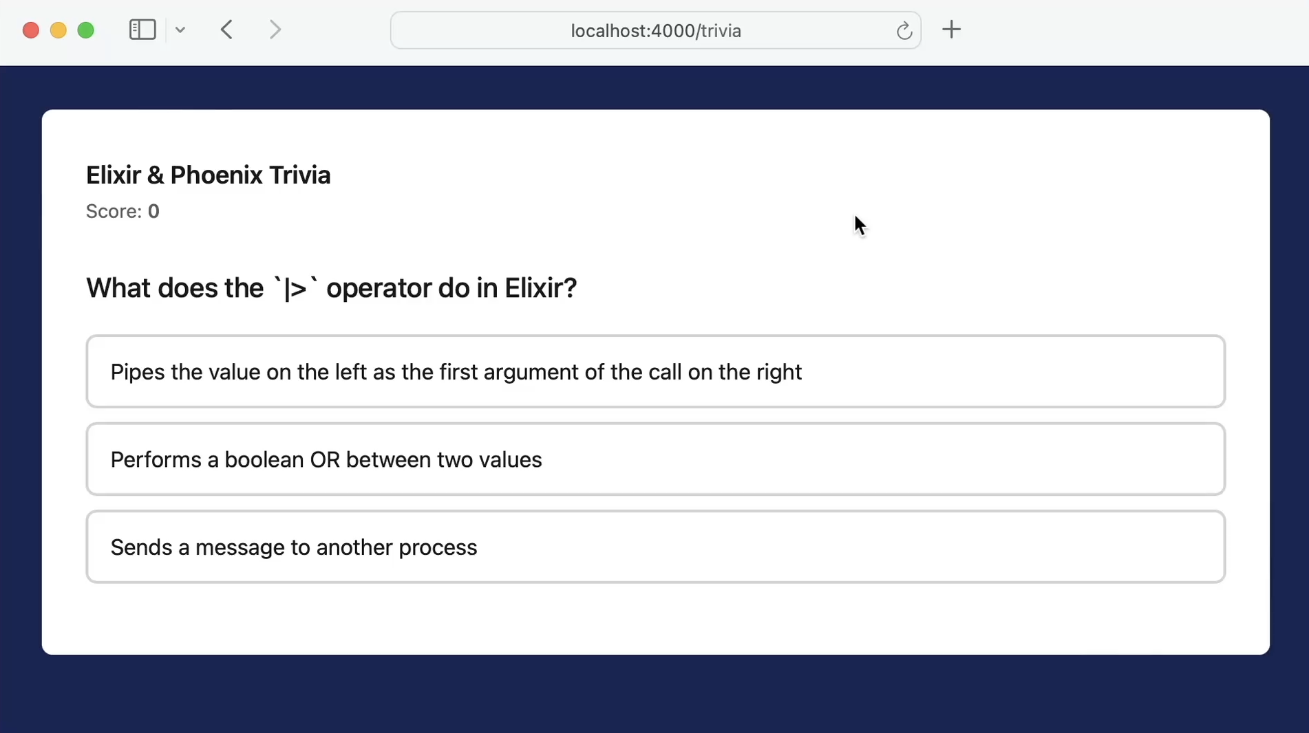 The trivia game UI showing an Elixir question with four answer choices