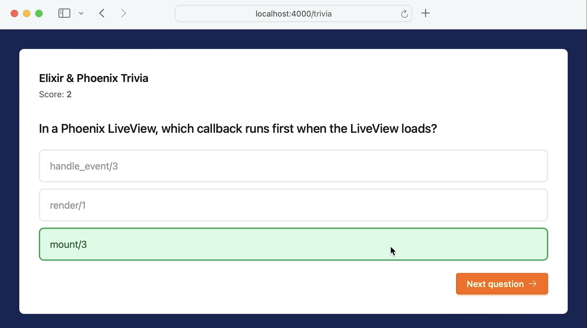Answer feedback in the trivia game: the correct choice highlighted in green, the wrong guess in red, and the remaining choices dimmed