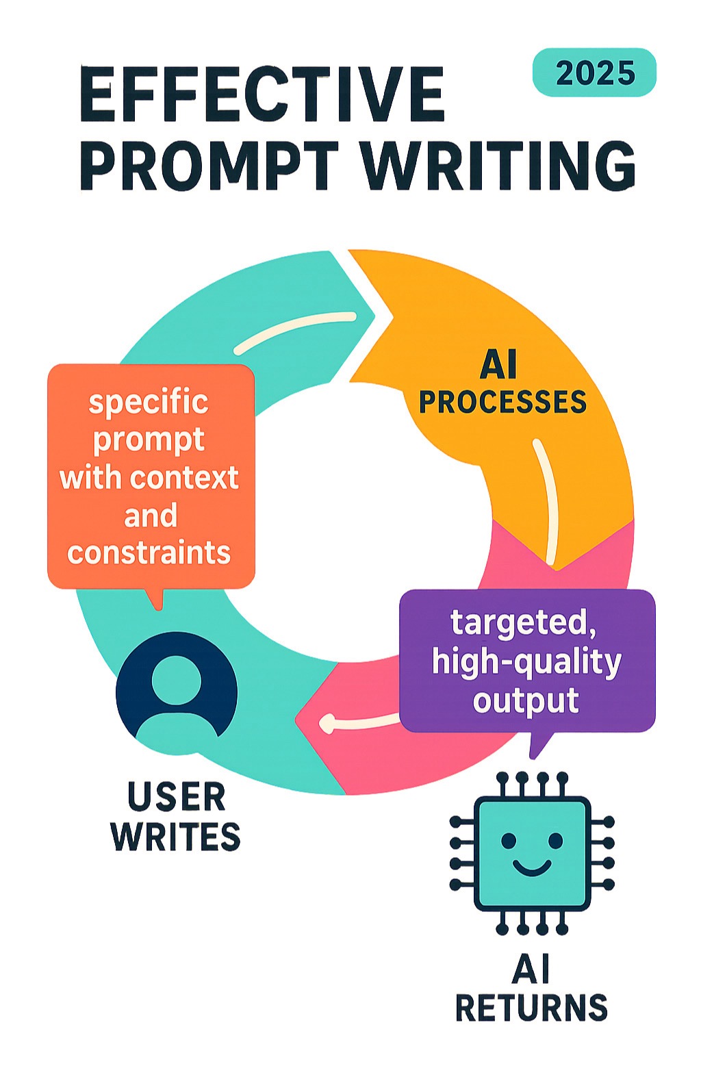 Infographic showing the prompt engineering cycle: User writes specific prompt with context and constraints, AI processes the structured input, and returns targeted, high-quality output that meets defined requirements - Effective prompt writing infographic 