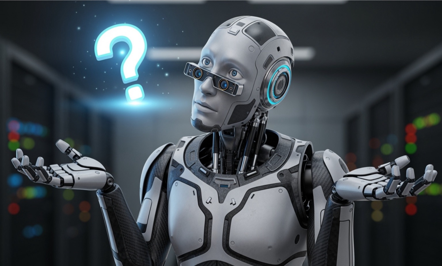 of a robot shrugging with a question mark, symbolizing AI confusion or hallucination - Effective prompt writing