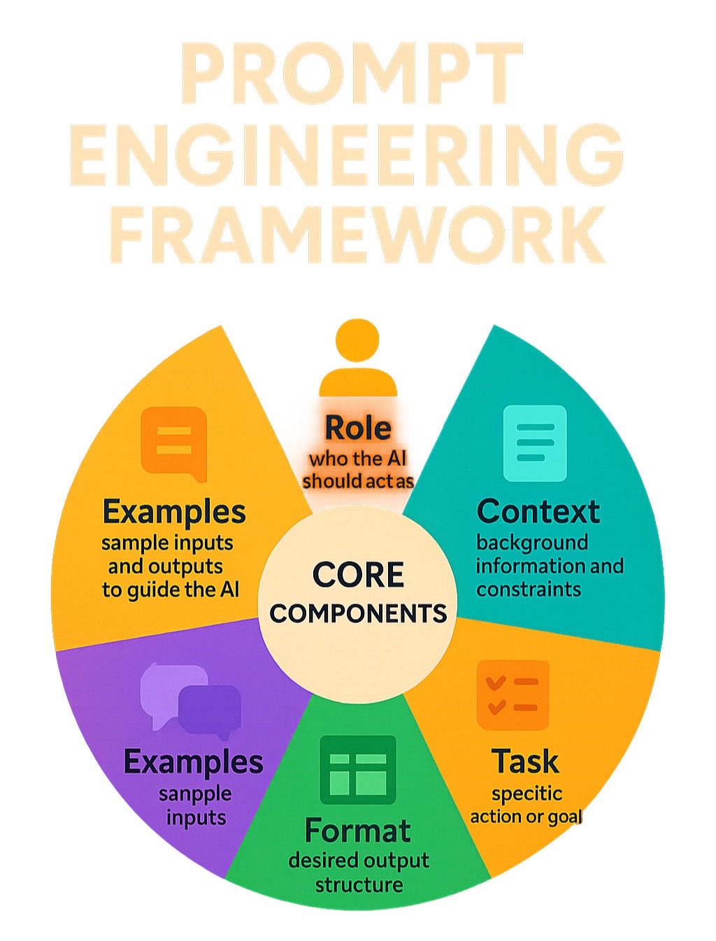 Infographic showing the core components of effective prompt engineering frameworks: Role (who the AI should act as), Context (background information and constraints), Task (specific action or goal), Format (desired output structure), and Examples (sample inputs and outputs to guide the AI) - prompt engineering framework infographic 