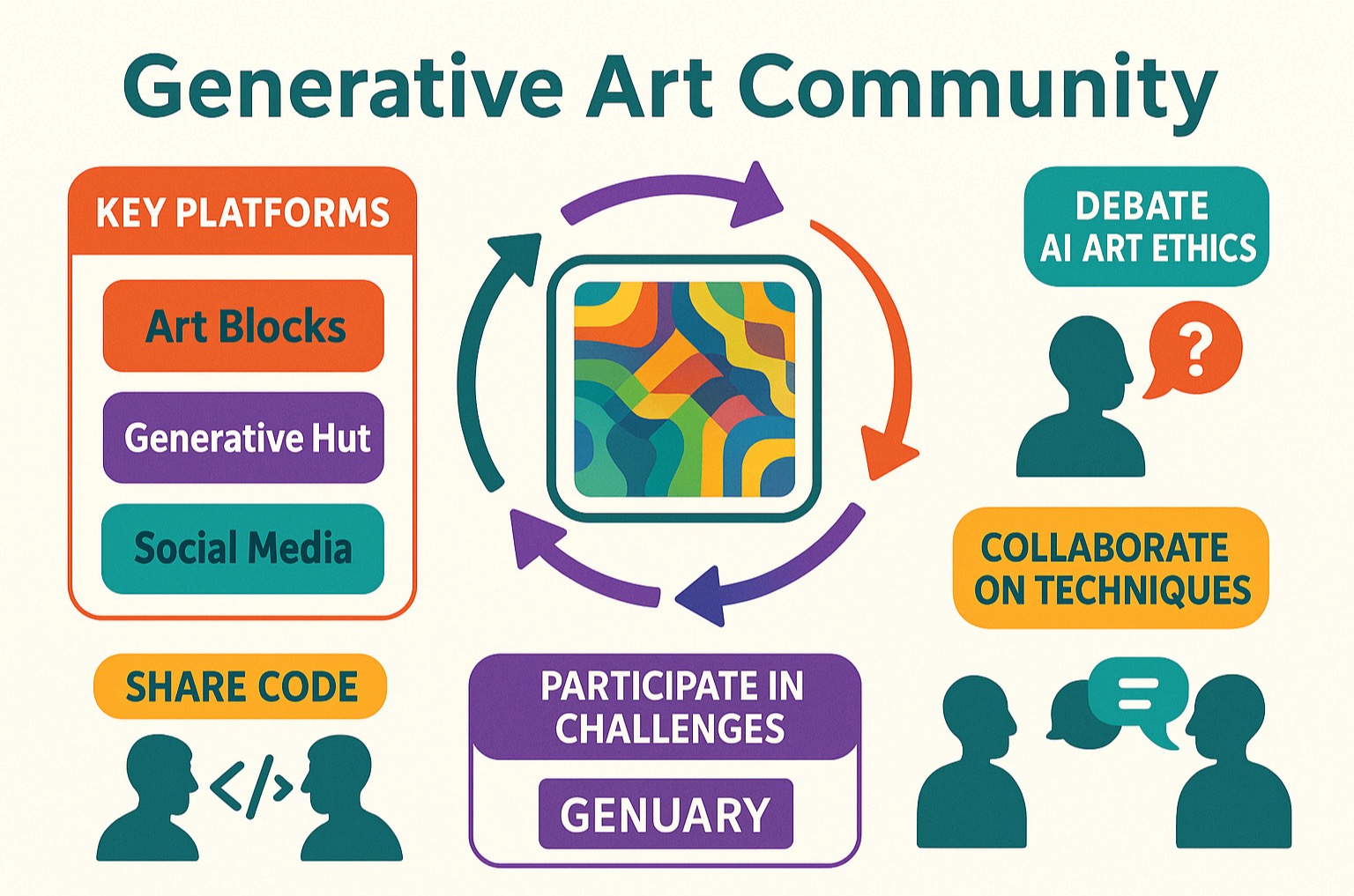 Infographic showing the generative art community ecosystem with platforms like Art Blocks, Generative Hut, and social media connecting artists who share code, participate in challenges like GENUARY, collaborate on techniques, and debate ethics around AI art - generative art community infographic 
