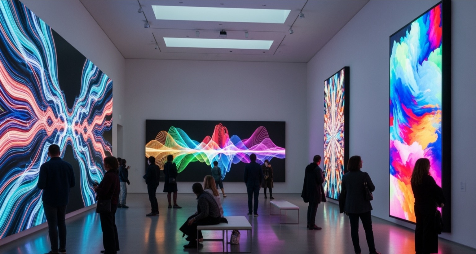 Digital generative art displayed on screens within a modern art gallery setting - generative art community