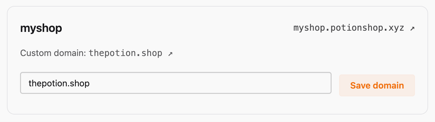 The example app's admin page attaching thepotion.shop to moonbrew's site