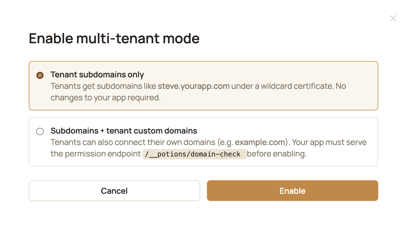 The Enable multi-tenant mode dialog with "Tenant subdomains only" selected
