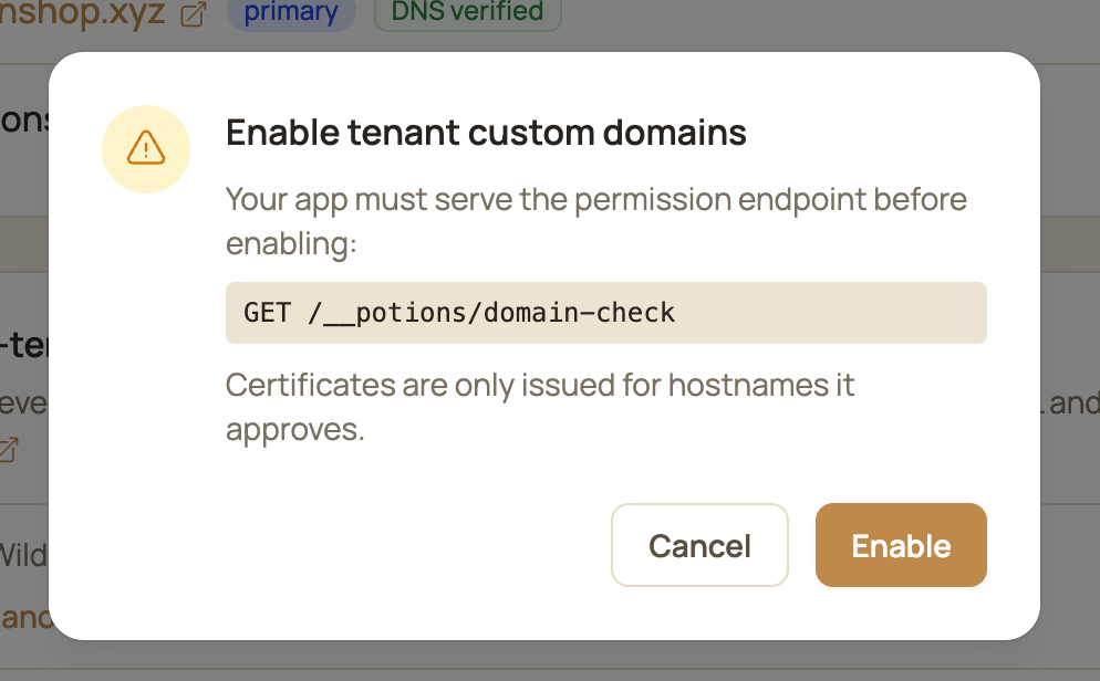 The Enable tenant custom domains confirmation dialog