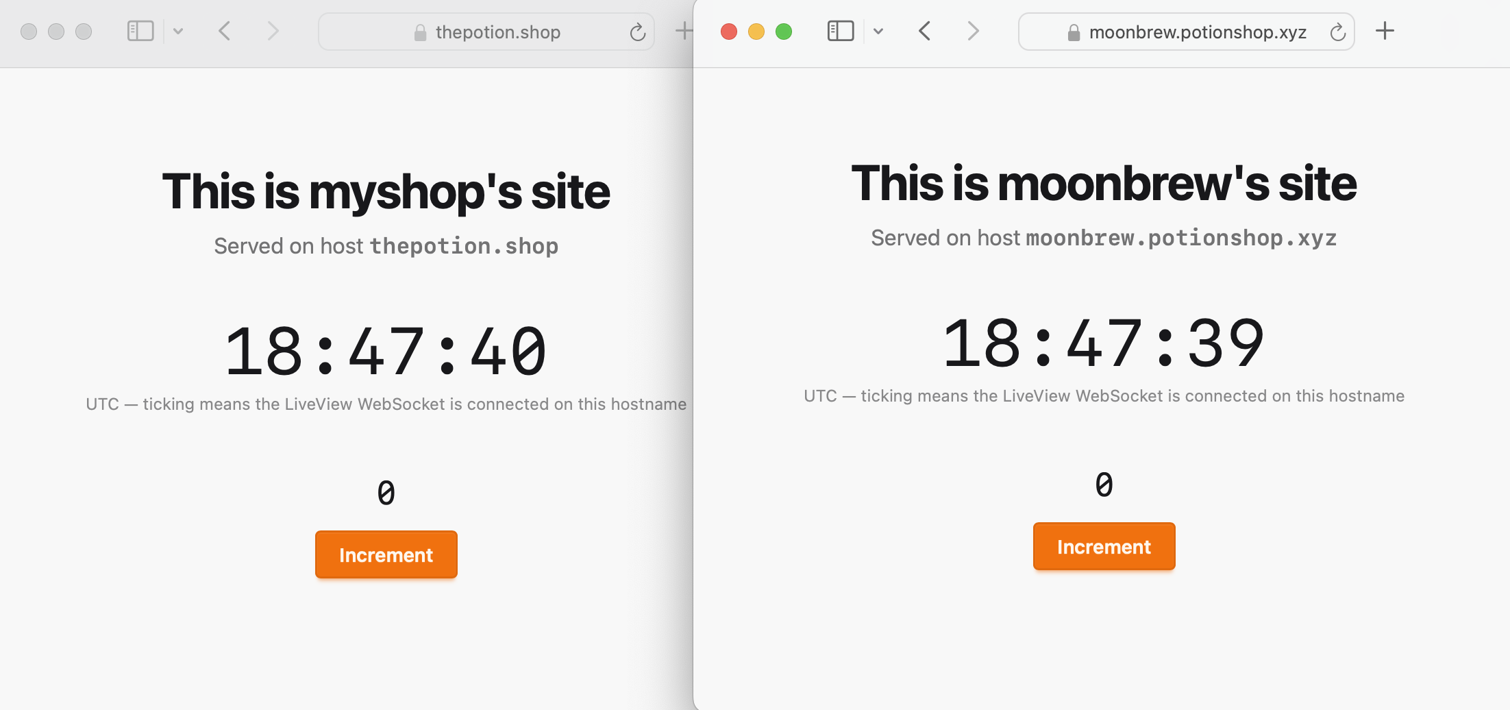 The example app's tenant page served on both moonbrew.potionshop.xyz and thepotion.shop, each with a valid certificate