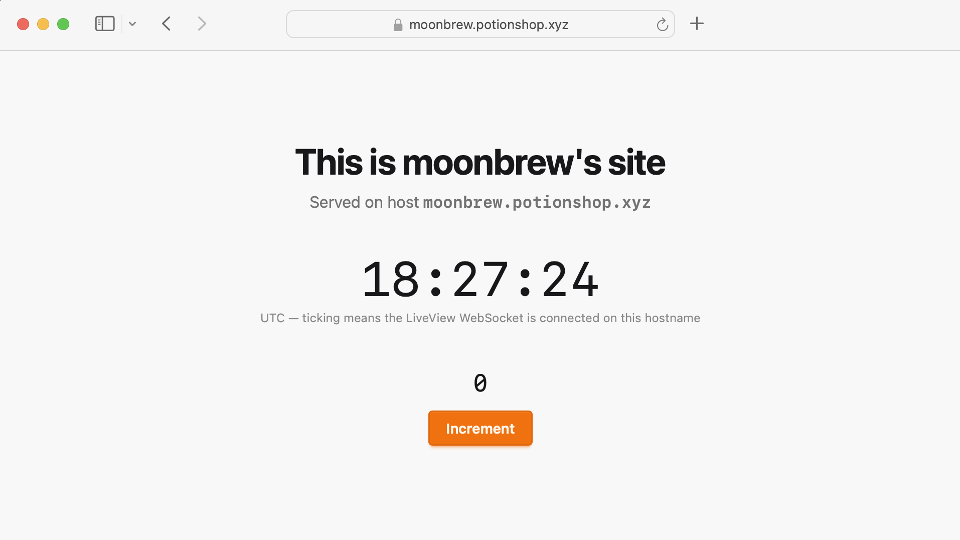 moonbrew.potionshop.xyz serving a live tenant page with a ticking clock and working counter