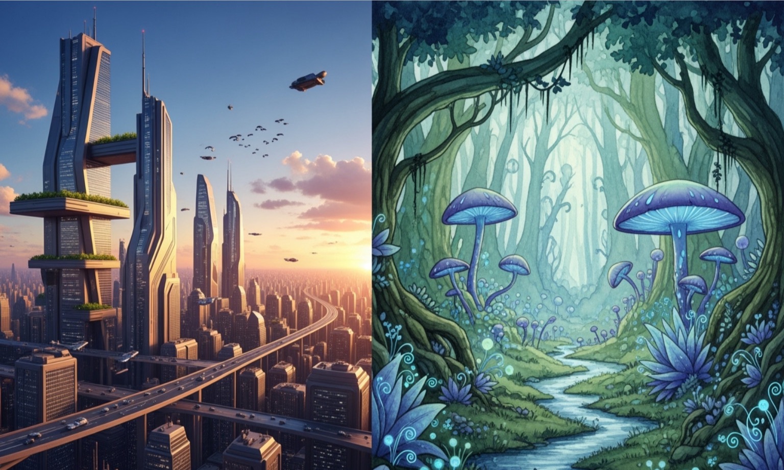 Image showing a side-by-side comparison of an initial AI image (e.g., a futuristic city at sunset) and a "remixed" version with a different style and subject (e.g., a watercolor painting of a fantastical forest with glowing flora) - remix ai prompts