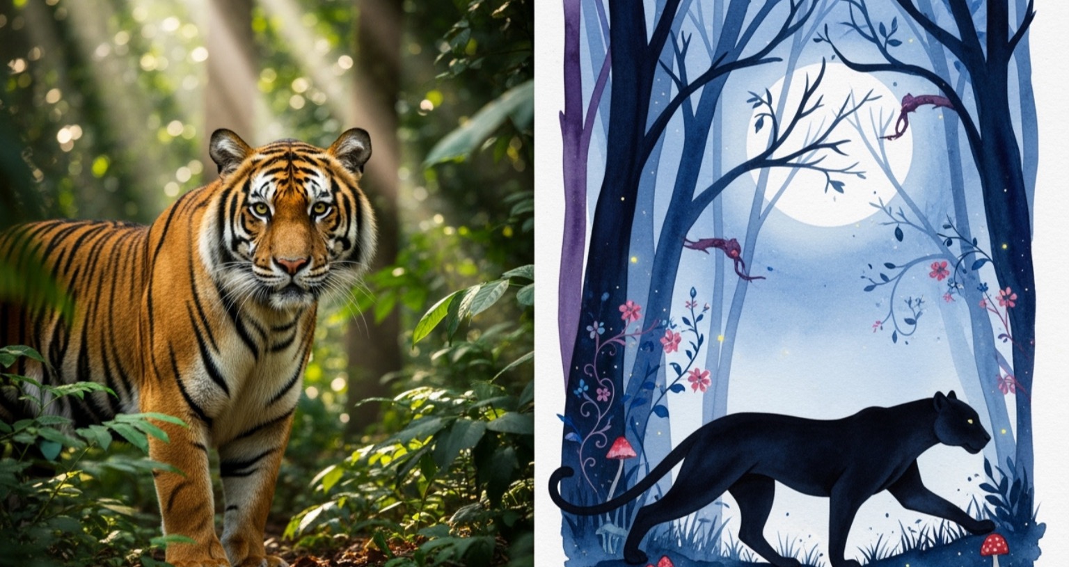 Image of a photorealistic tiger in a jungle next to an image of a watercolor panther in a moonlit forest - remix ai prompts