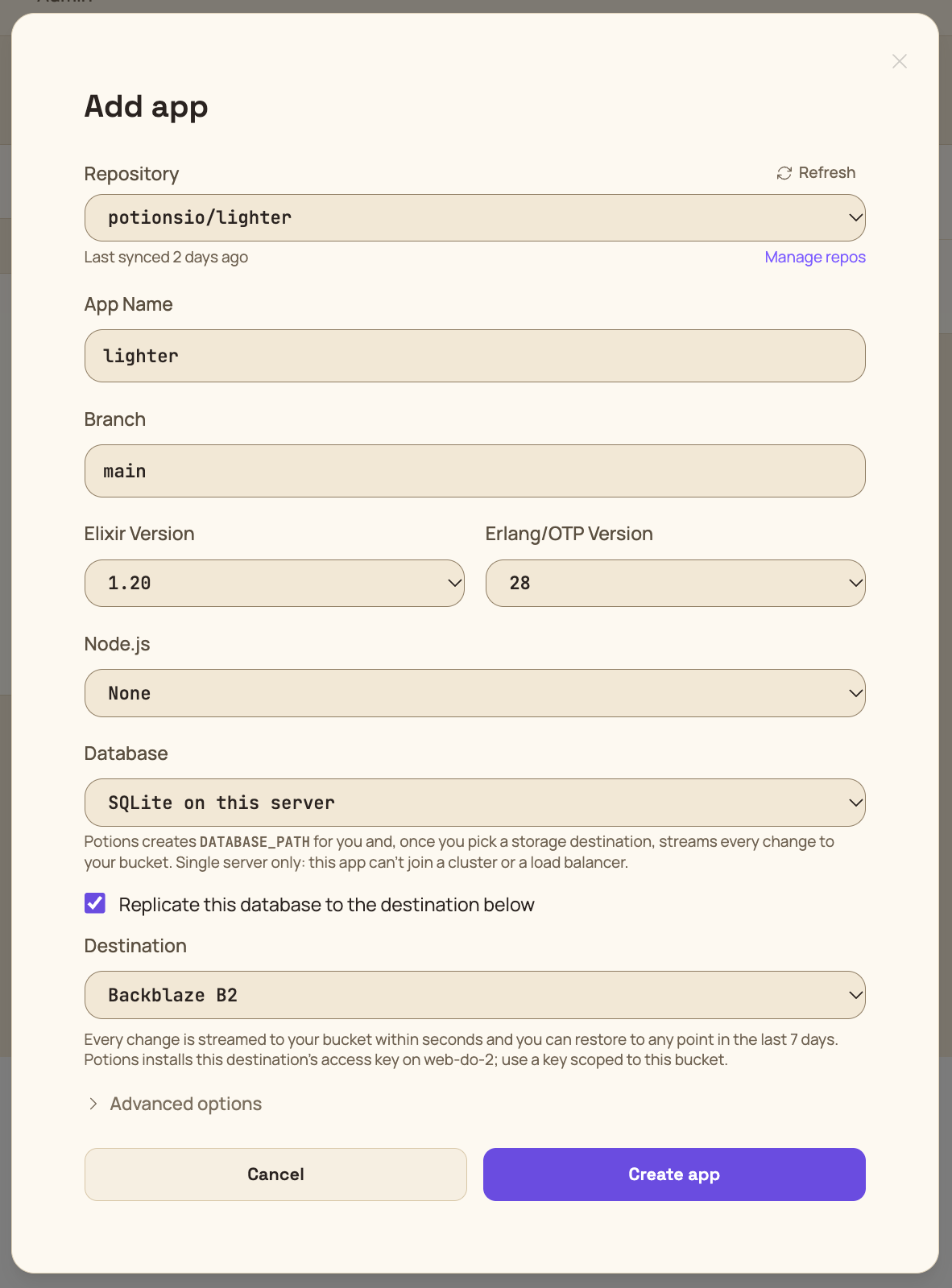 The Add app form with SQLite on this server selected and Replicate this database to Backblaze ticked