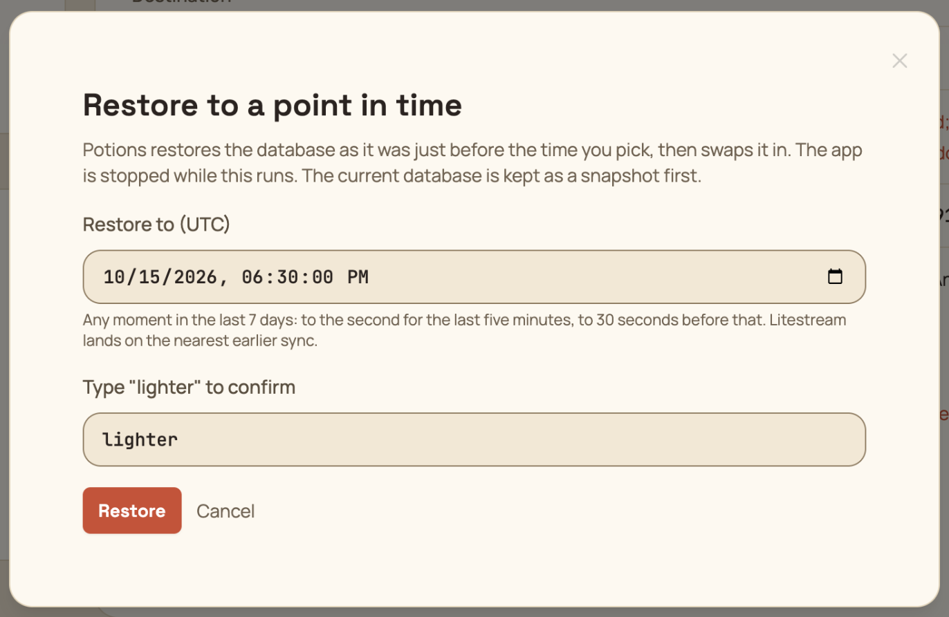 The Restore to a point in time dialog with a time selected and the app name typed to confirm