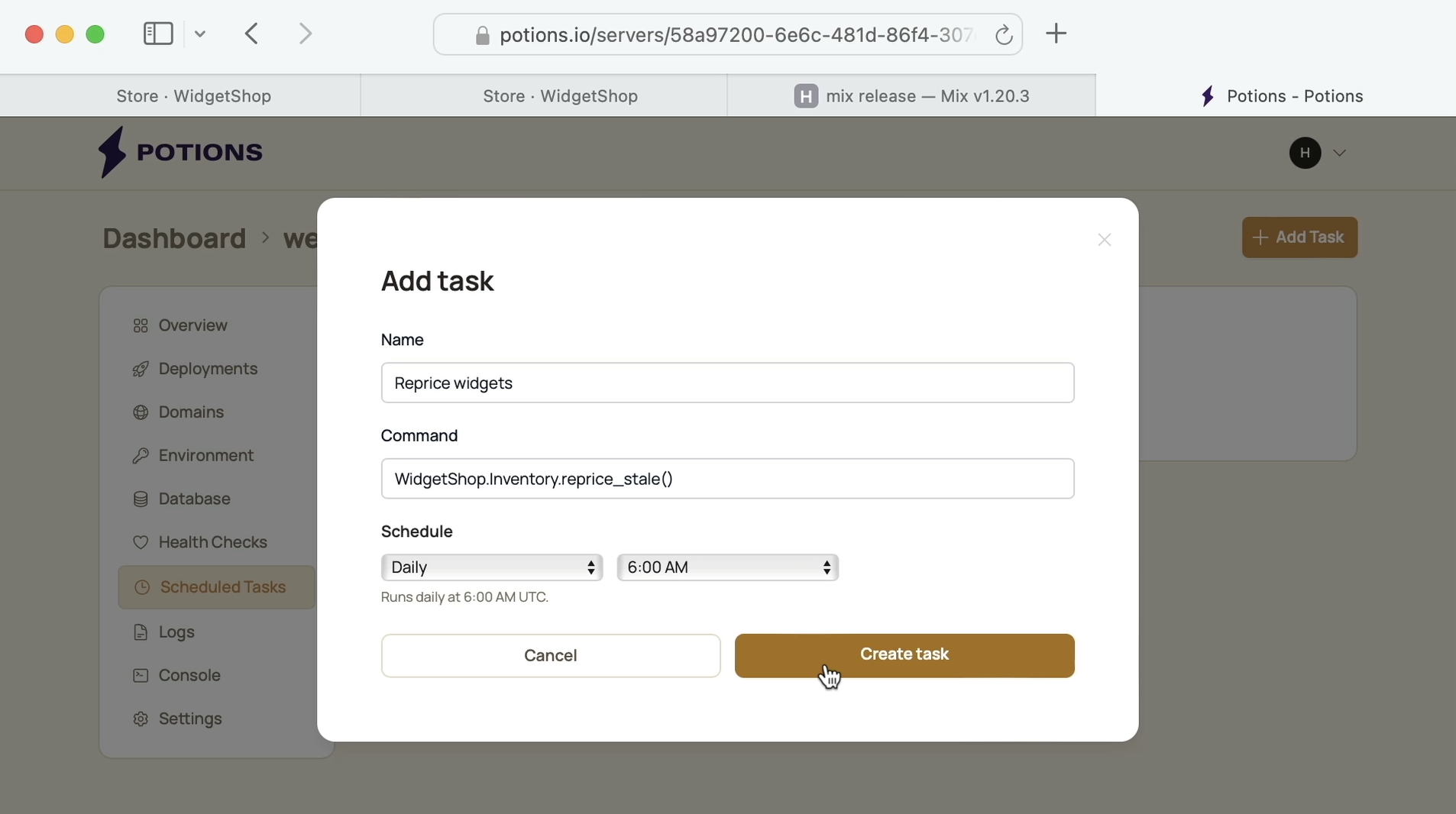 The new task form filled in: named Reprice widgets, running the Elixir expression daily at 6:00 UTC