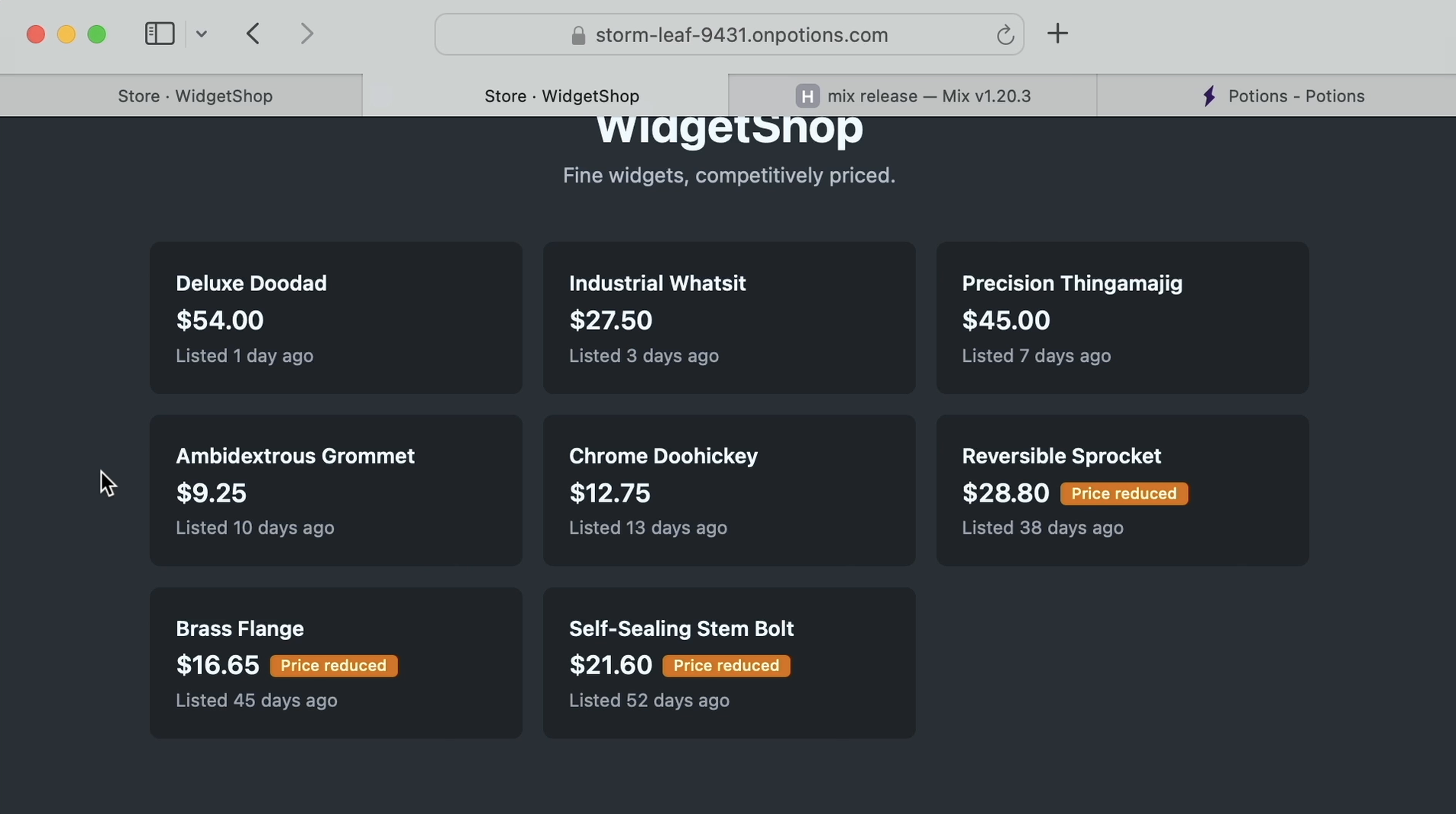 The live store with three widgets showing reduced prices and Price reduced tags