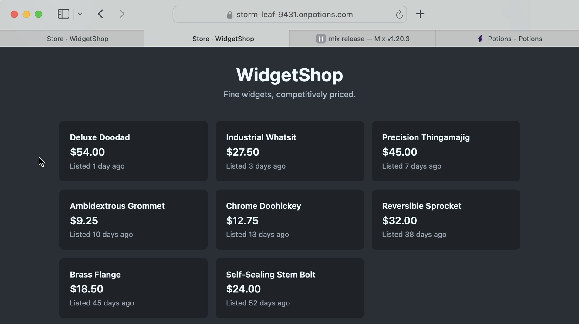 The widget store before repricing: every widget shows its price and how long ago it was listed, with no badges