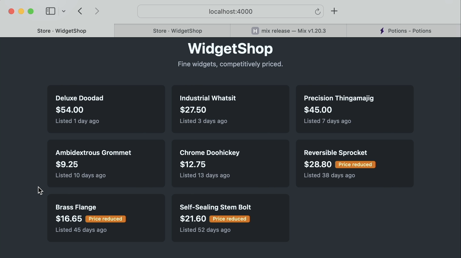The dev store after running the task: three widgets with reduced prices and Price reduced badges