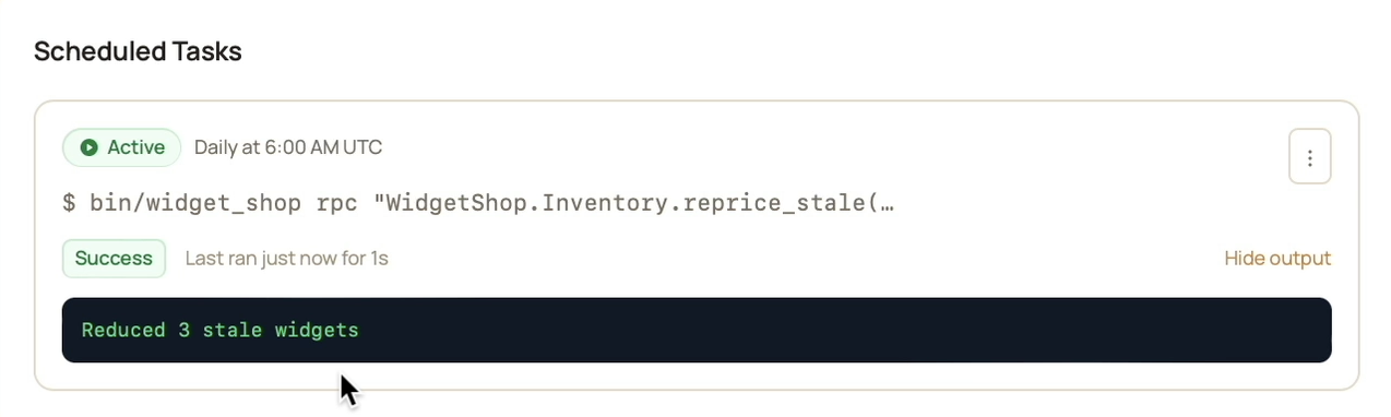 The task row after Run Now: a success status, the duration, and the output Reduced 3 stale widgets
