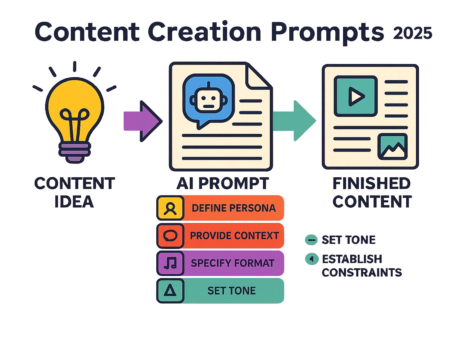 Infographic showing the change from a simple content idea through a well-crafted AI prompt to a finished piece of content, including steps like defining the persona, providing context, specifying format, setting tone, and establishing constraints - Content creation prompts infographic 