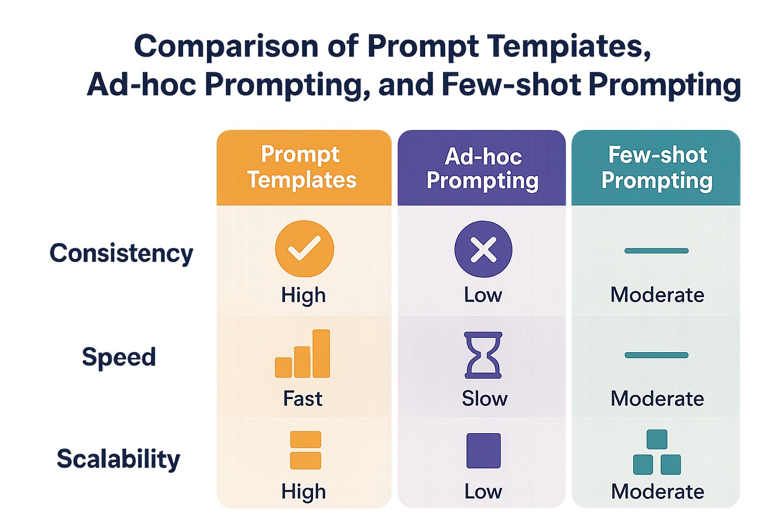 Infographic comparing Prompt Templates, Ad-hoc Prompting, and Few-shot Prompting on attributes like Consistency, Speed, and Scalability - what is prompt template infographic 