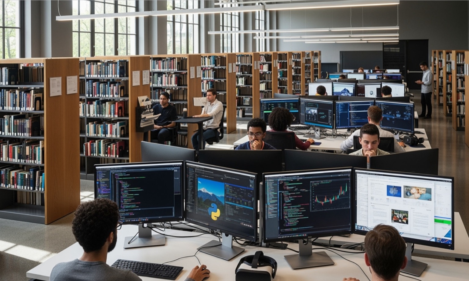 Image of a digital library or a collection of books and screens showing code, symbolizing abundant learning resources - Prompt engineering resources