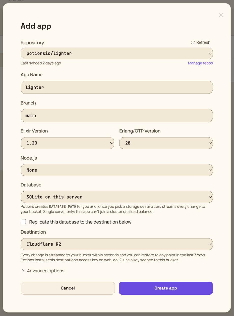 The Add app form with SQLite on this server selected in the Database picker