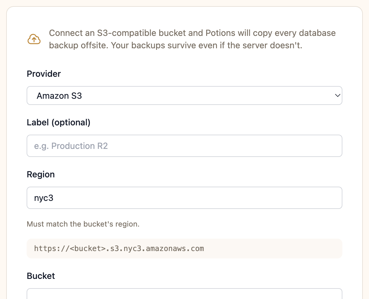 The Add Backup Storage form with the provider selector and connection fields