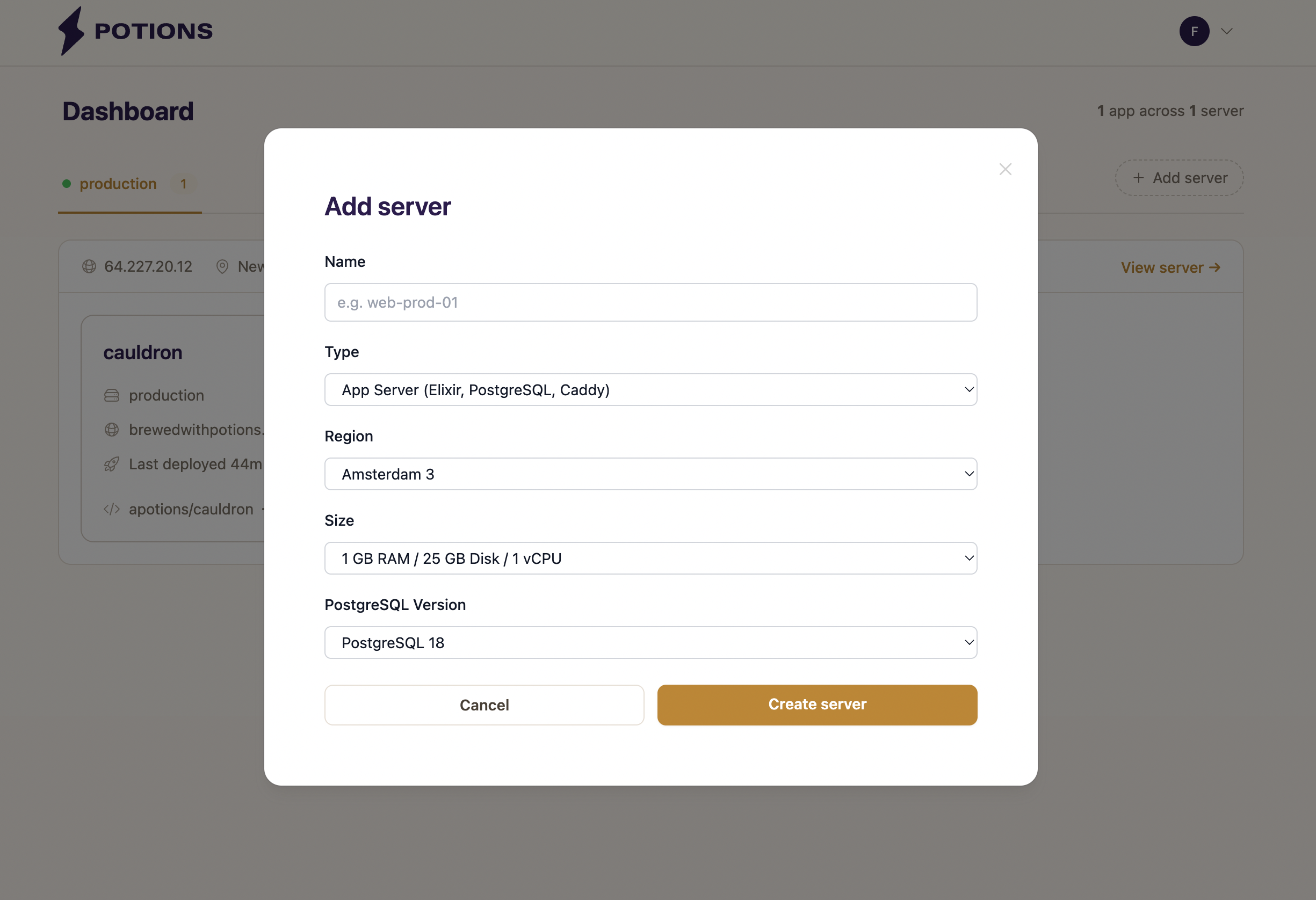 The Add server form with name, type, region, size, and PostgreSQL version fields