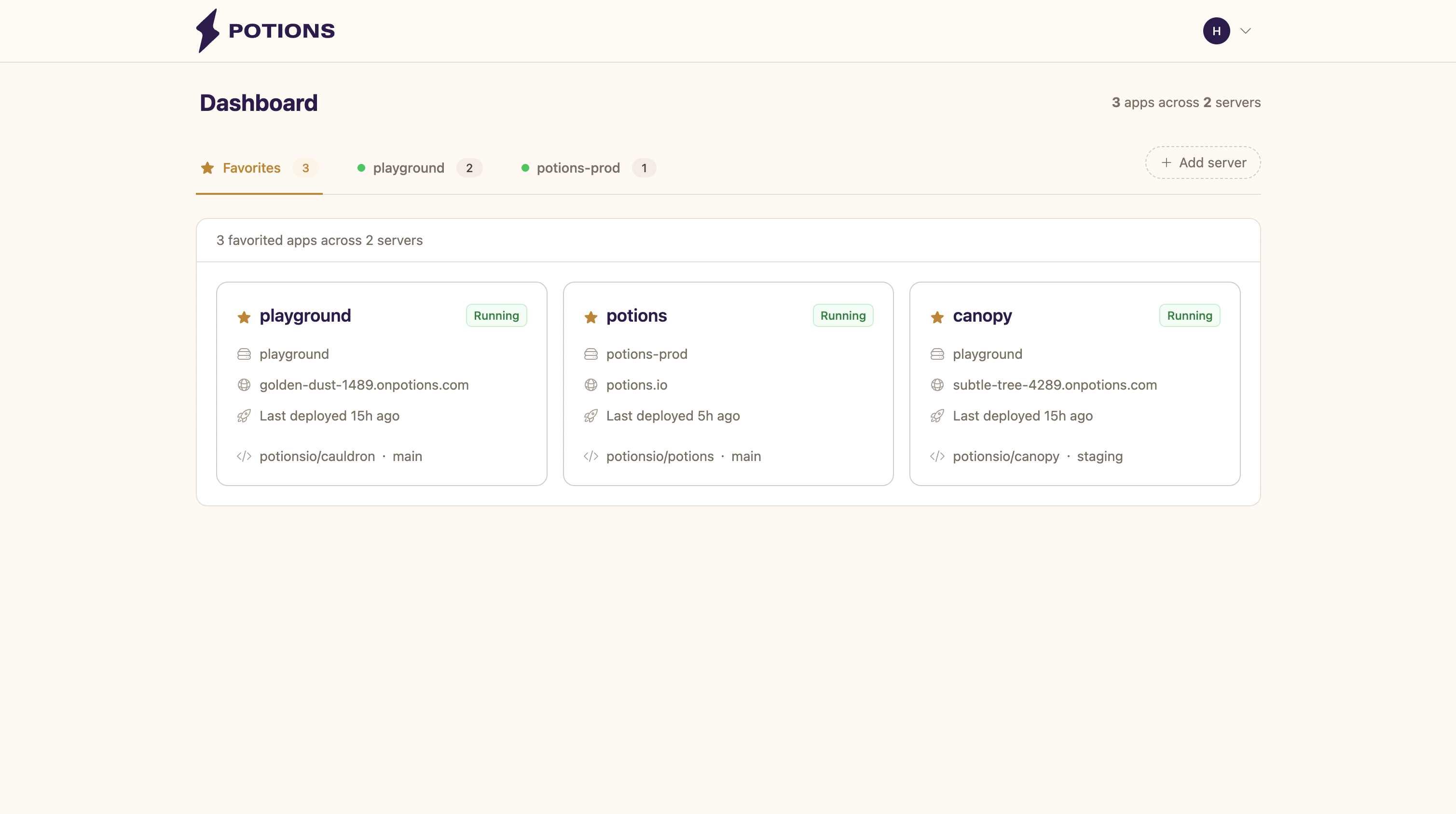The Potions dashboard showing servers and apps