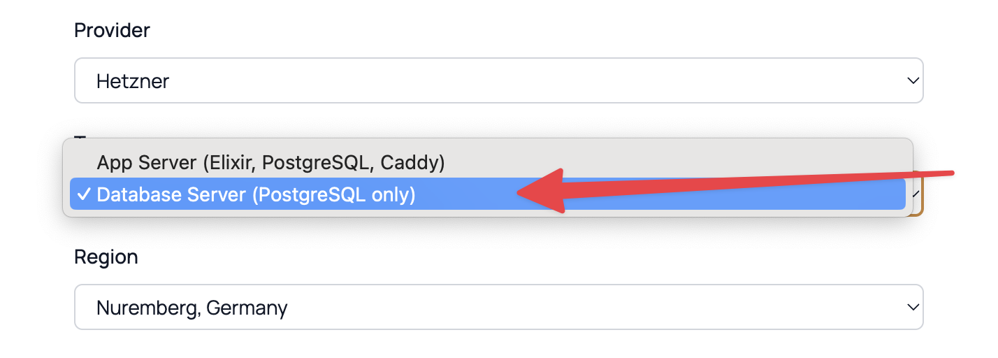 The Add server form with Type set to Database Server (PostgreSQL only)