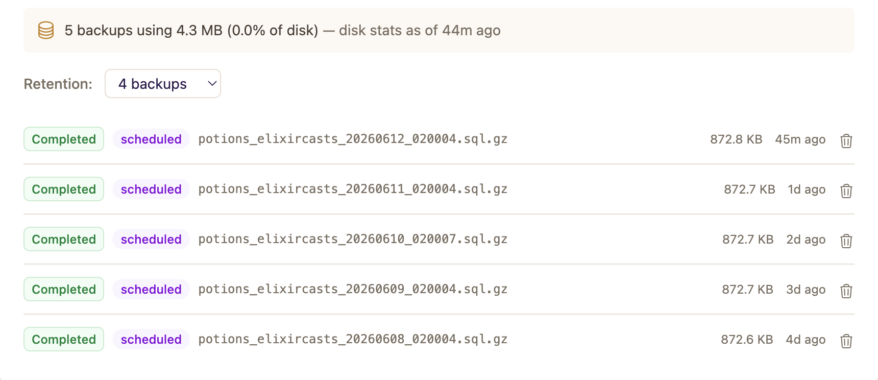 The Backups section of an app's Database tab showing the stats card, the Keep on server retention field, and recent backups with location chips