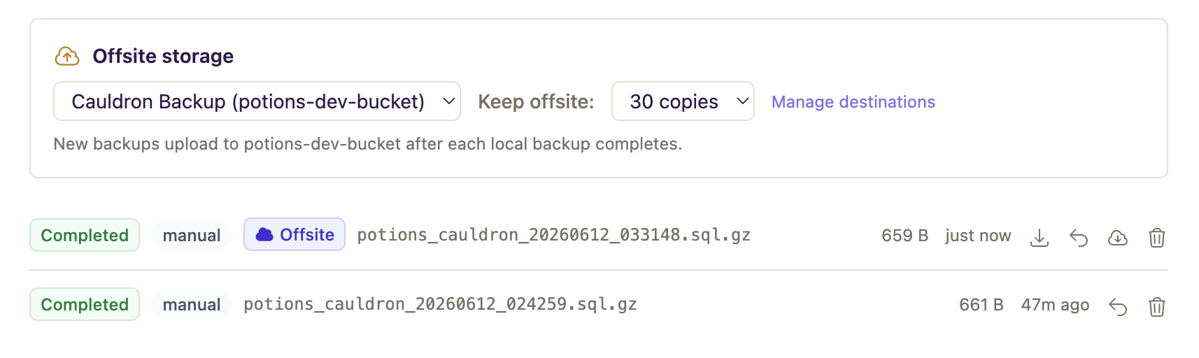 The Offsite storage selector on the Database tab, with backup rows showing their Server + Offsite location chips