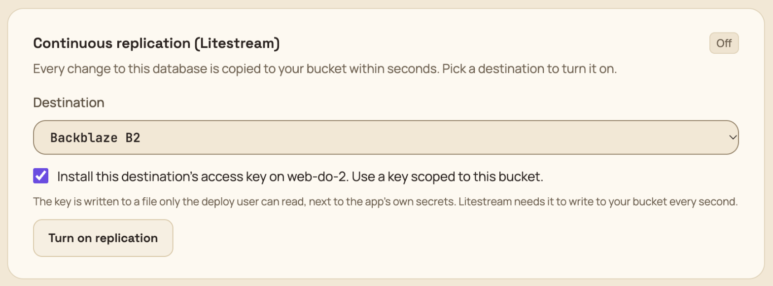The Continuous replication card on the Database tab with a destination selected and the access key box ticked