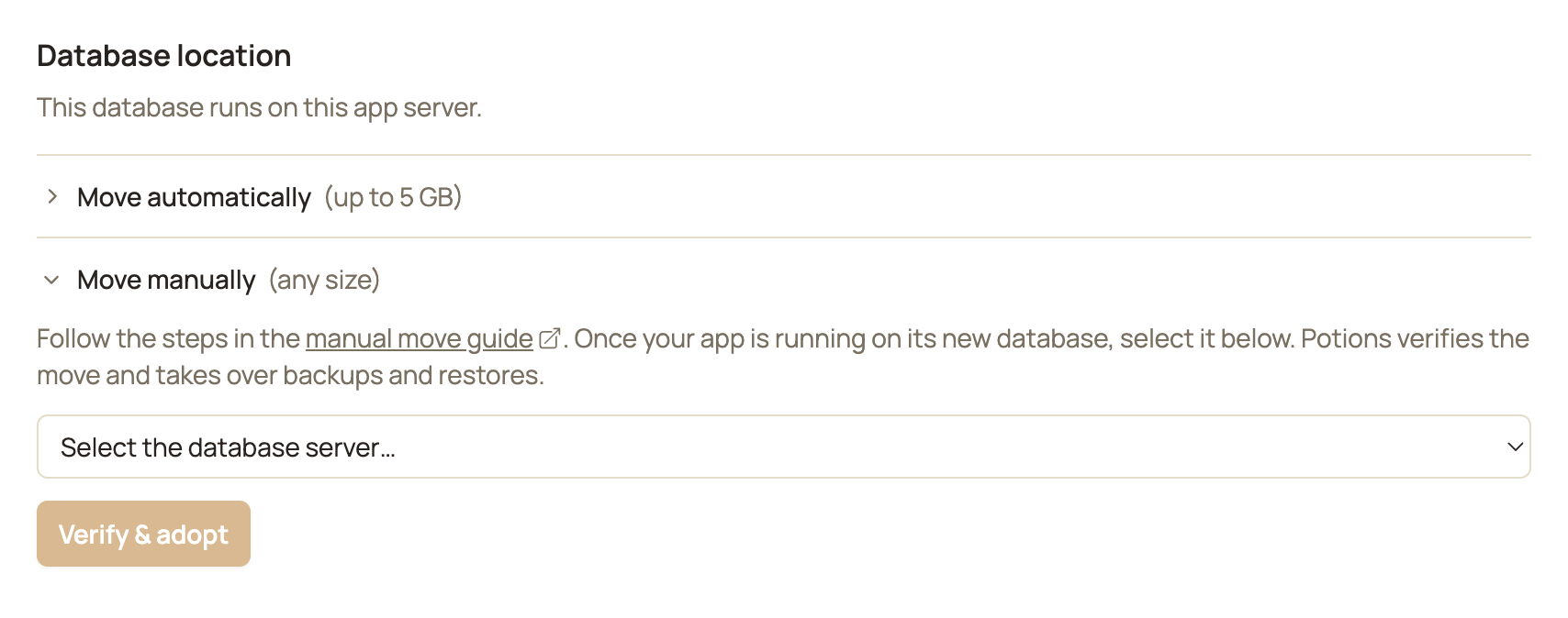 The Move manually section with the Verify & adopt form