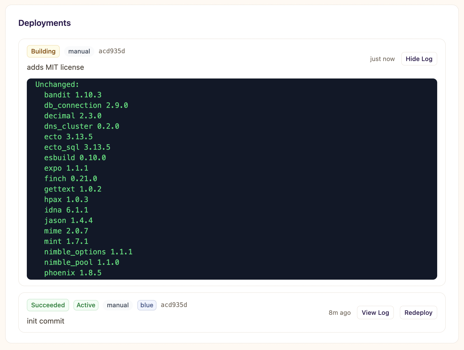 Live build log streaming in the terminal-style log viewer