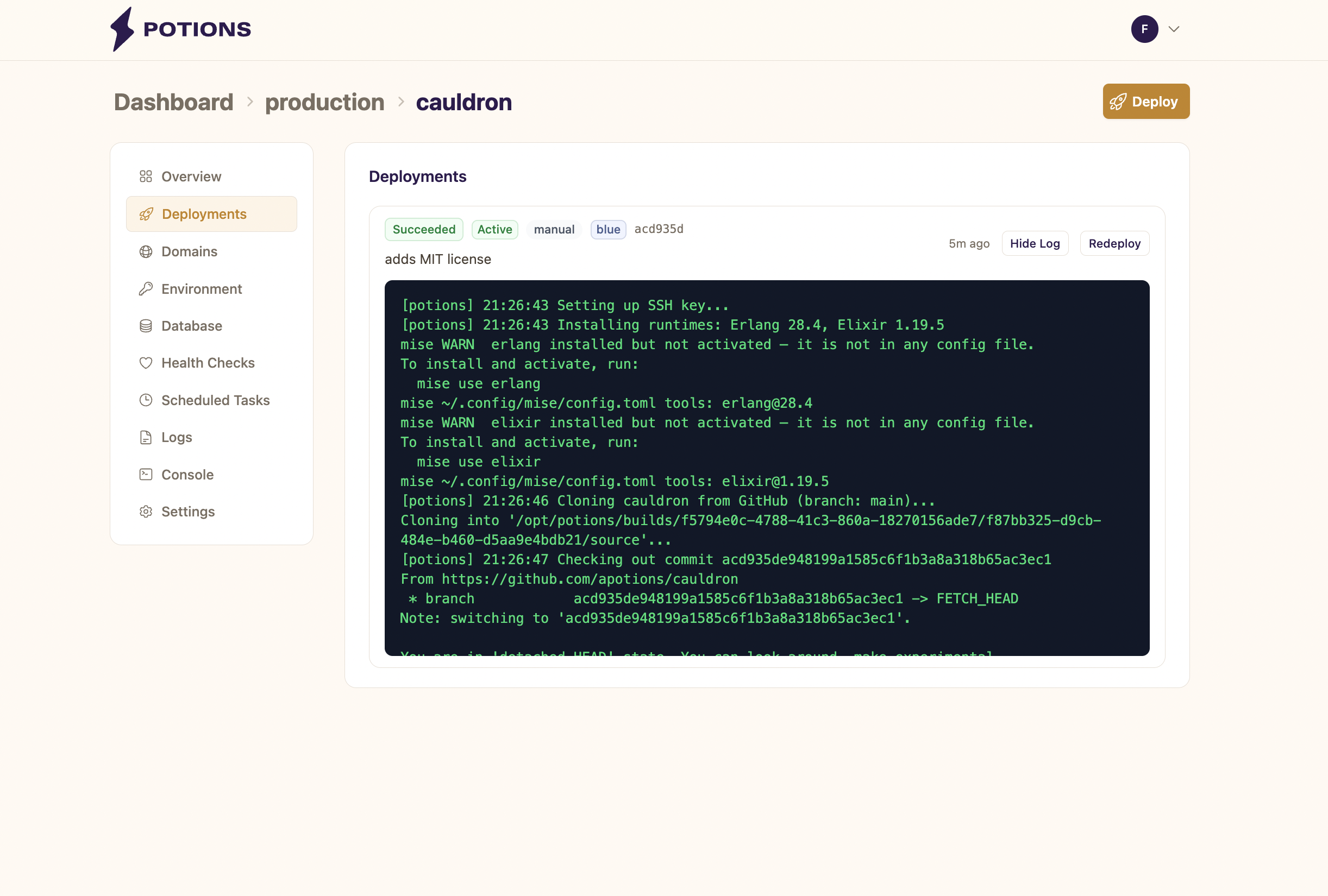 The Deployments tab showing the Deploy button and deployment history