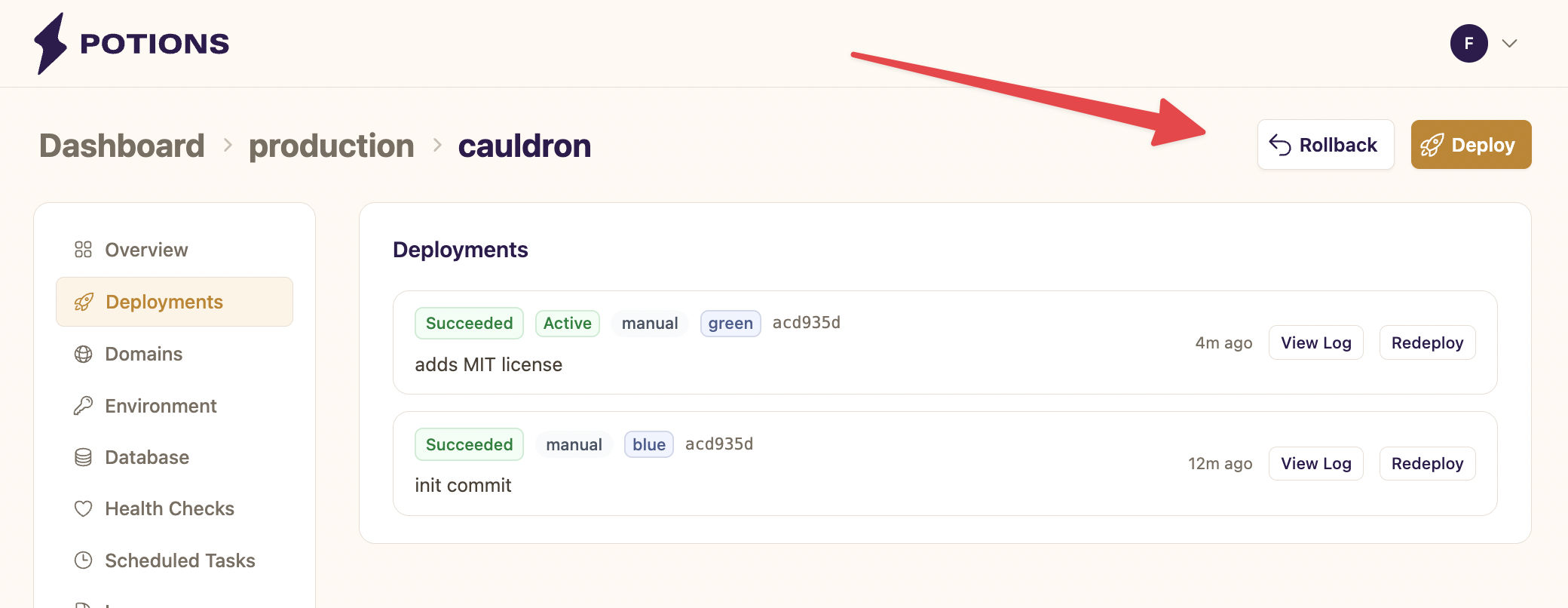 The Deployments tab showing the Rollback button next to Deploy