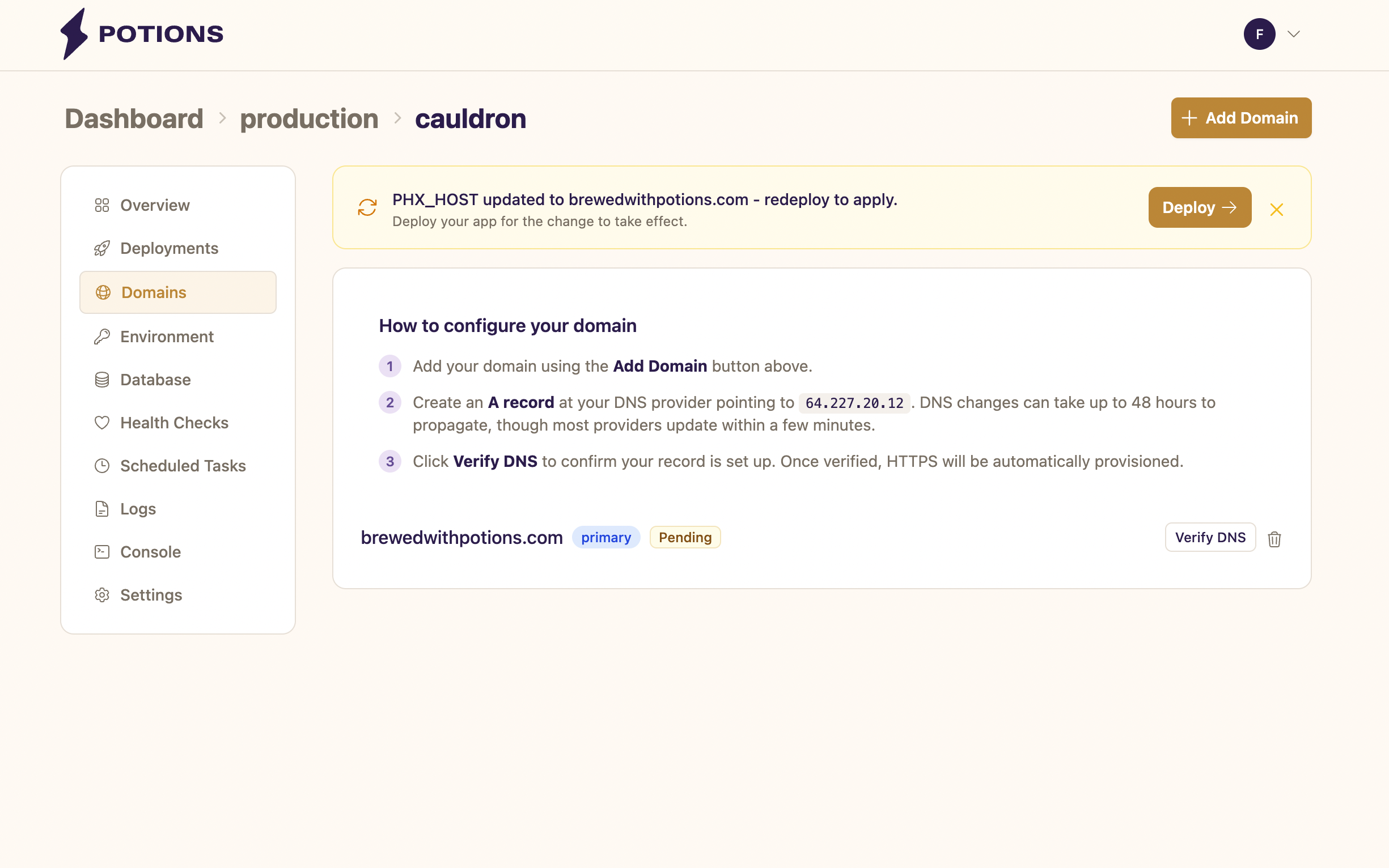 The Domains tab showing the server IP address in the setup guide