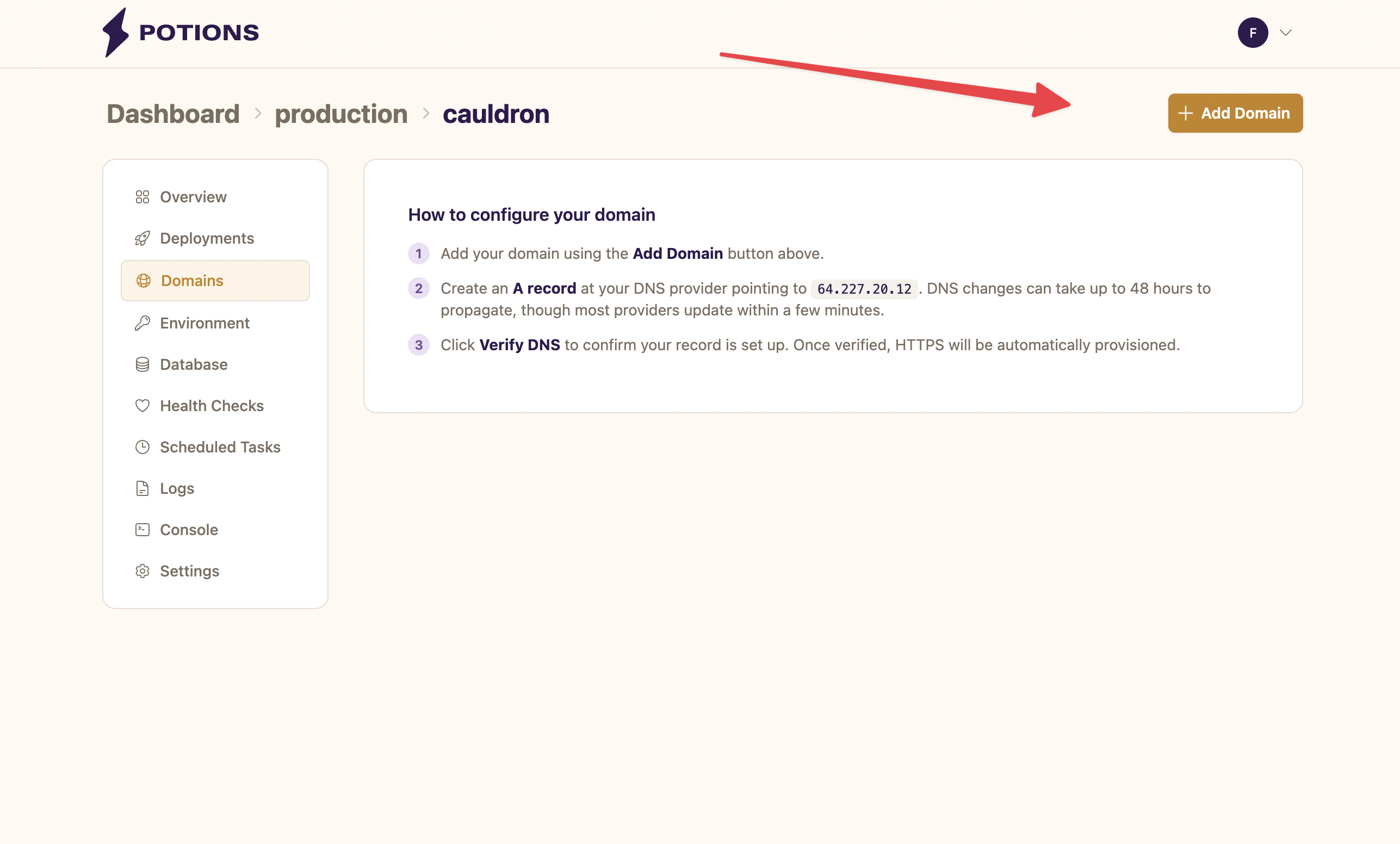 The Domains tab showing the setup guide, domain list, and Add Domain button