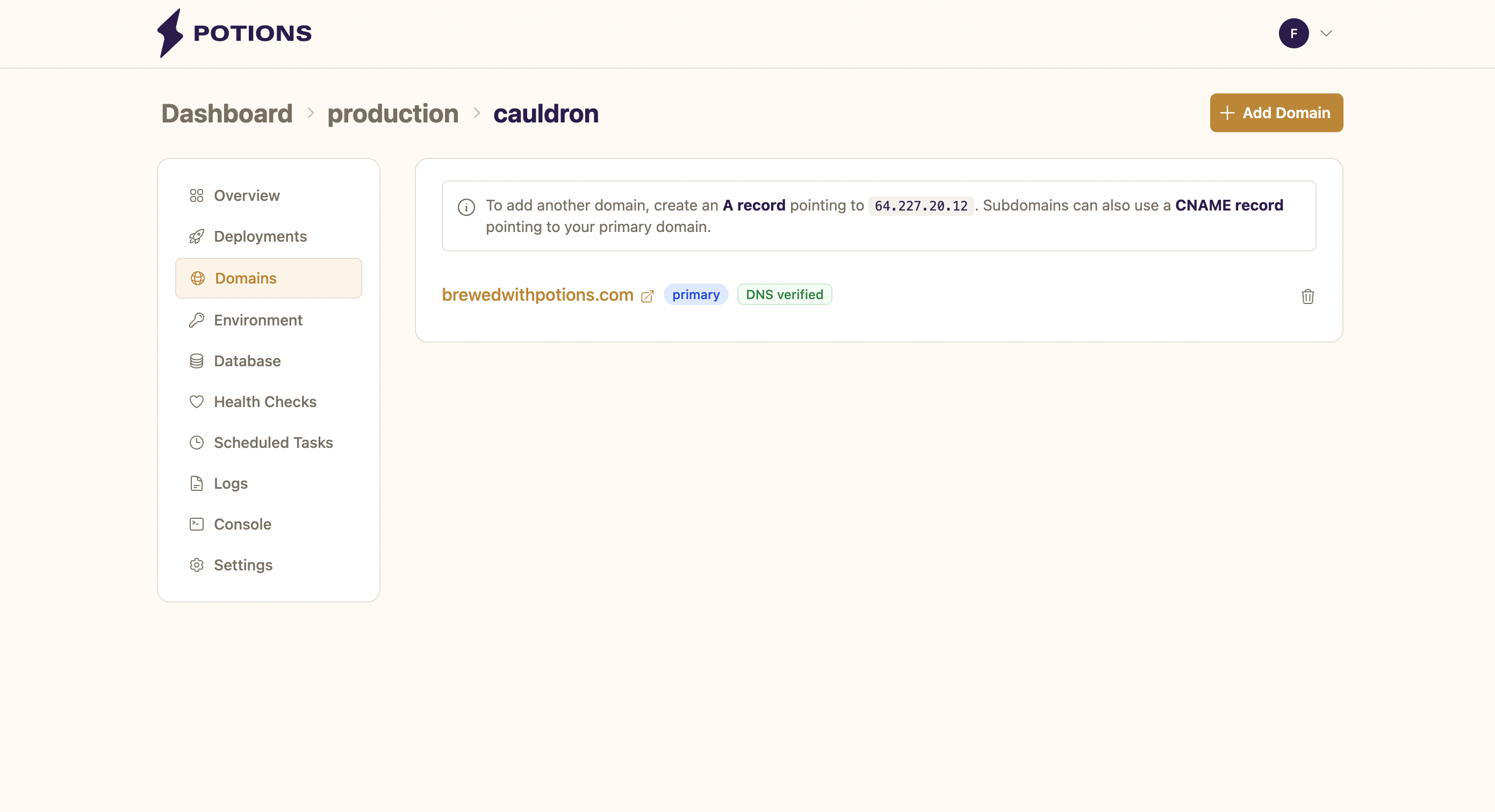 A domain list showing one verified domain with a green badge and one pending domain with a Verify DNS button
