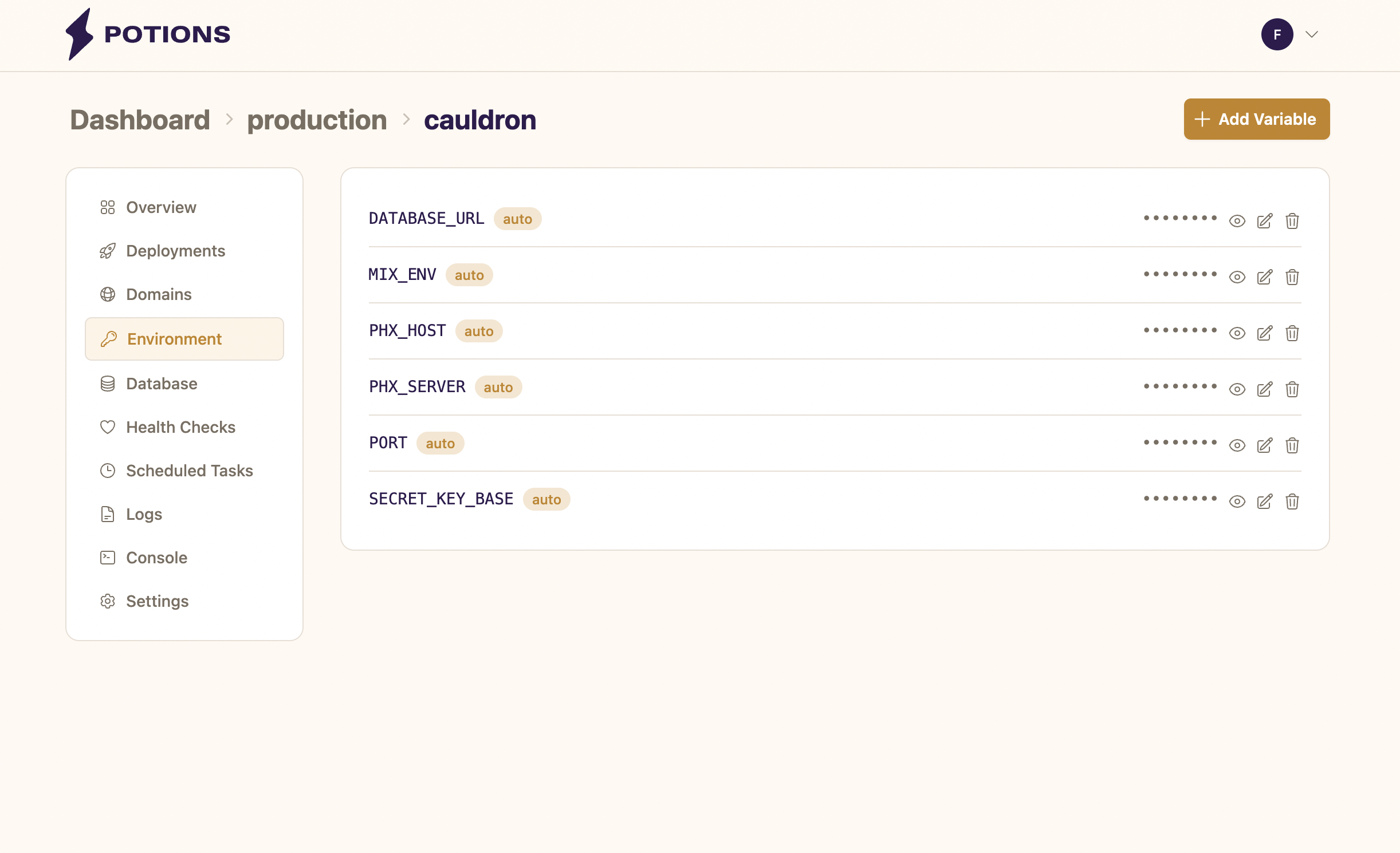 The Environment tab showing auto-generated variables with the auto badge