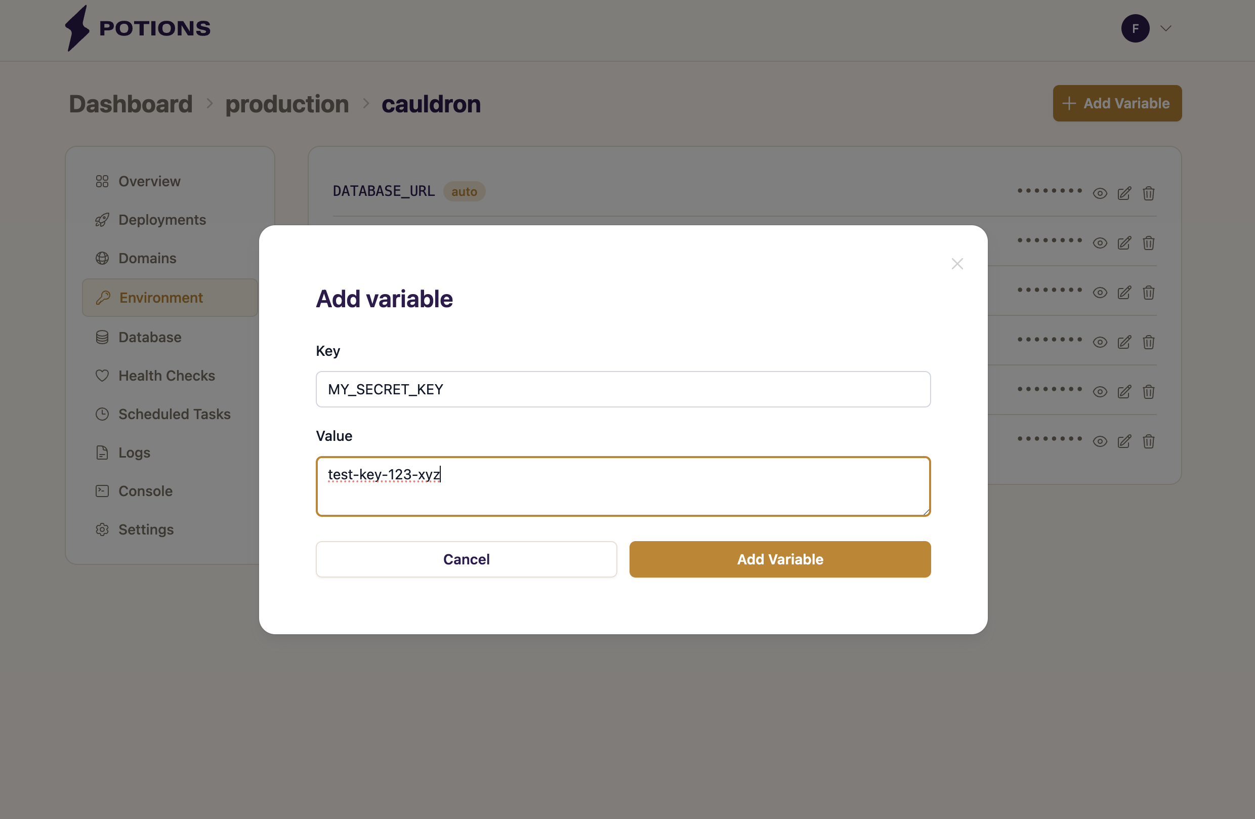 The Environment tab showing a list of variables with reveal, edit, and delete controls