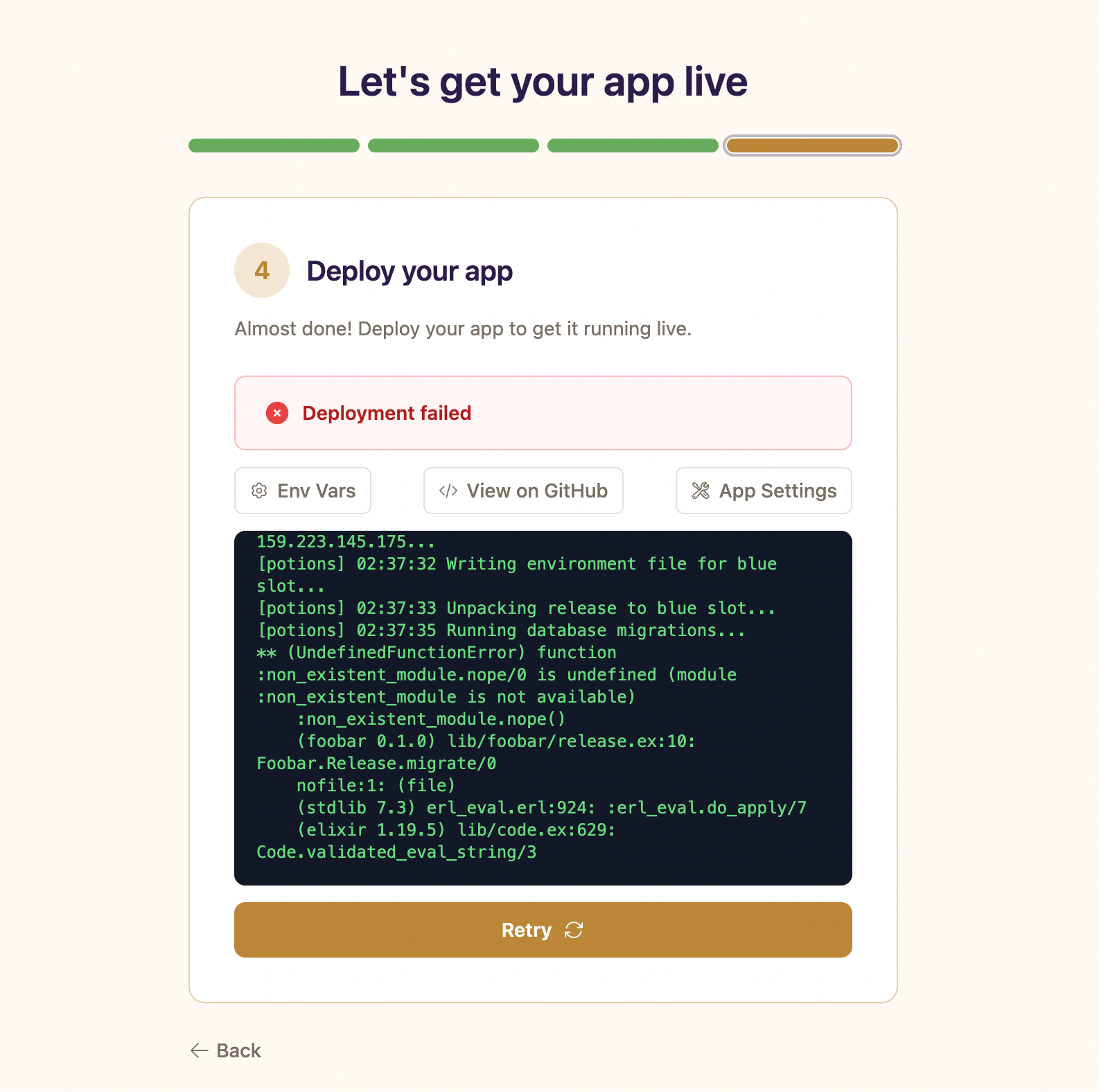 A failed deployment with the View Log button and expanded log output