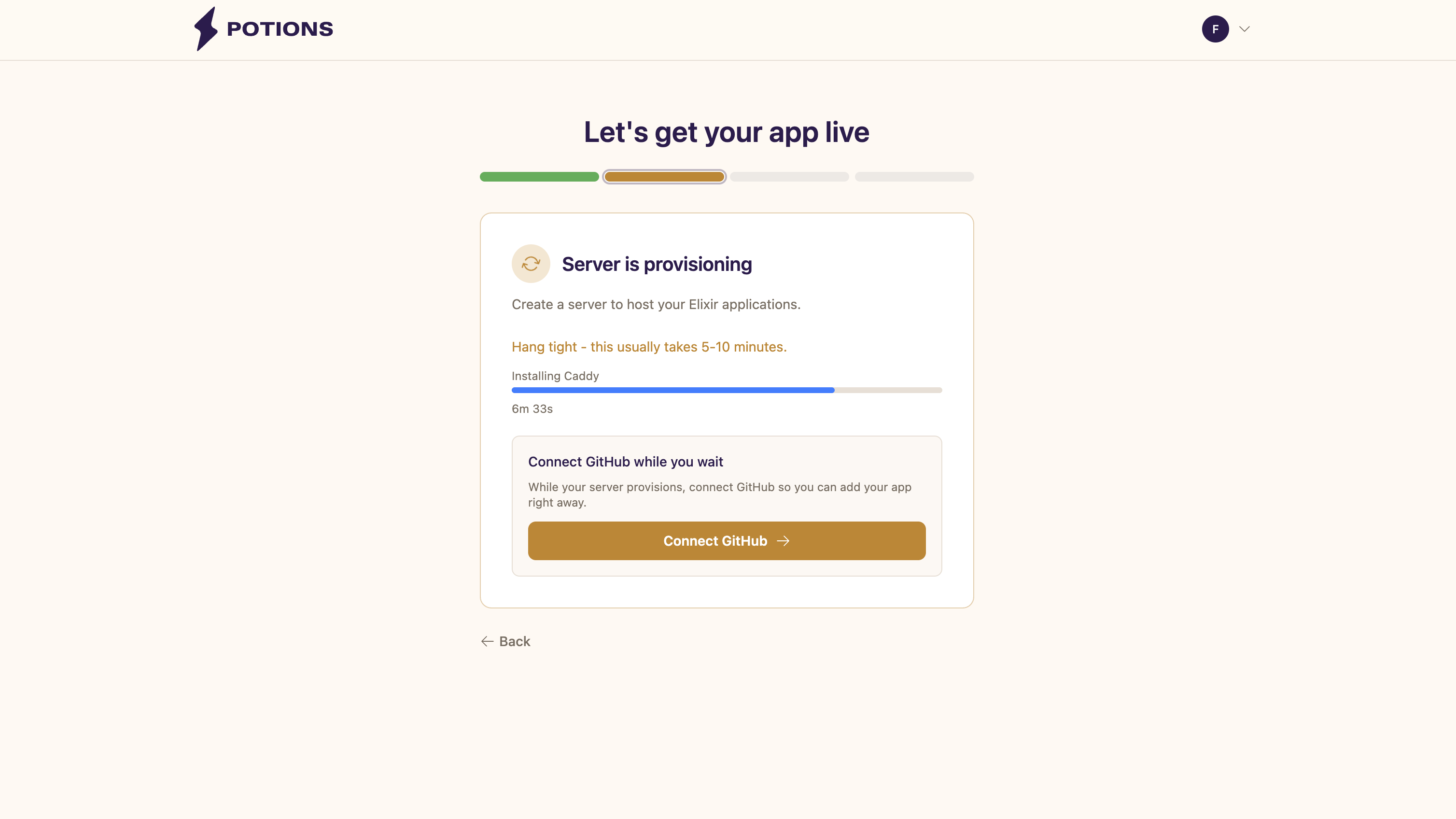 Server detail page showing provisioning progress with elapsed time and current step